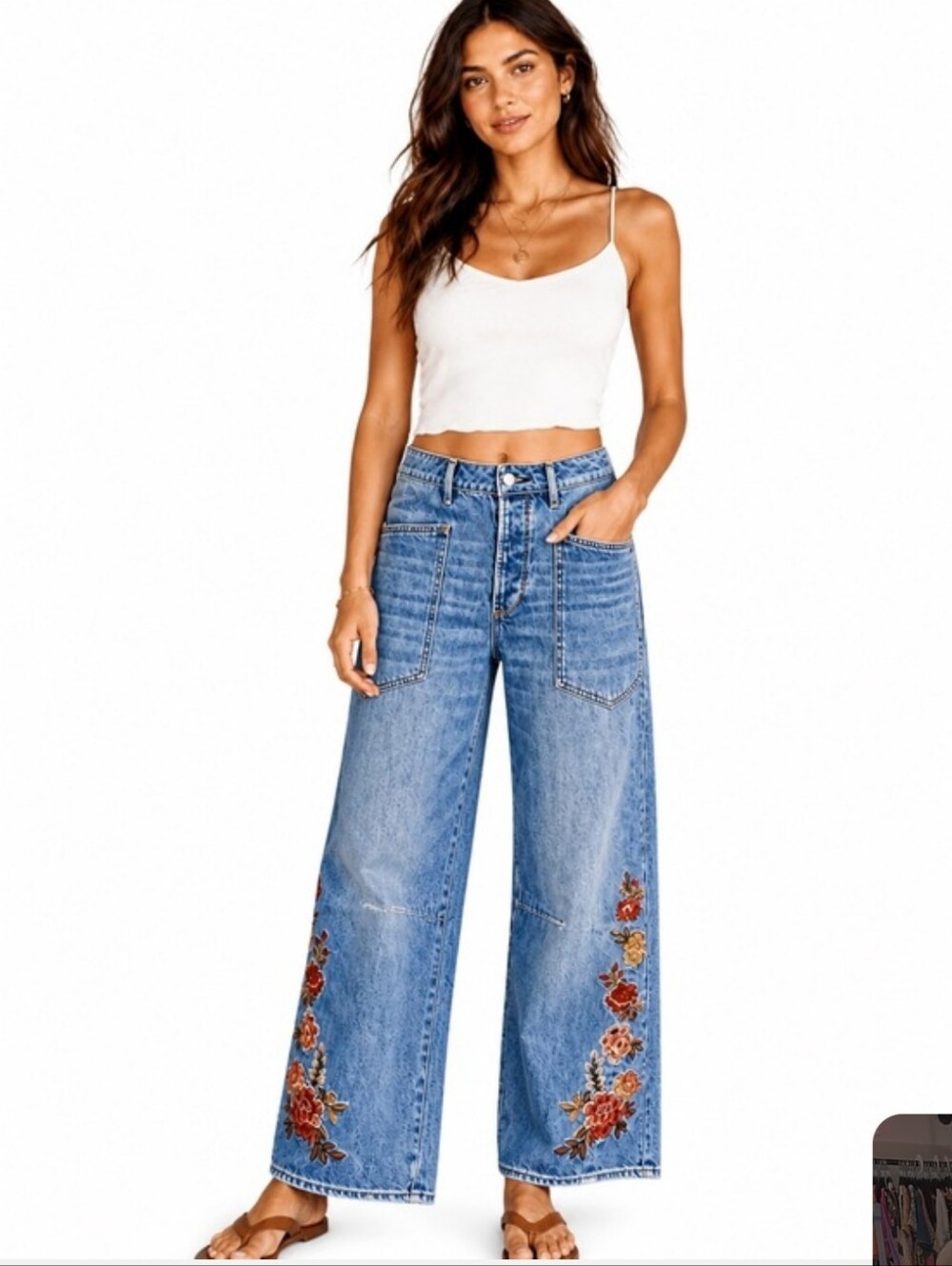 Embroidered Wide-Leg Denim Jeans